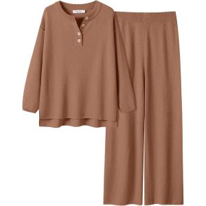 ANRABESS Women 2 Piece Outfits Oversized Loose Waffle Knit Sweater Set 2025 Fall Trendy Matching Lounge Sets Cozy Clothes(Light Brown)