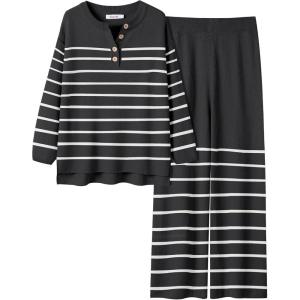 ANRABESS Women 2 Piece Outfits Oversized Loose Waffle Knit Sweater Set 2025 Fall Trendy Matching Lounge Sets Cozy Clothes(Stripes Black)