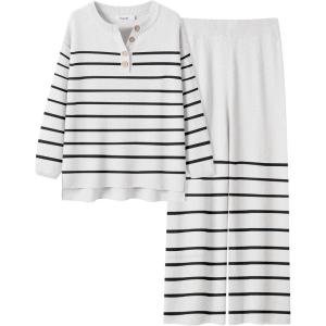 ANRABESS Women 2 Piece Outfits Oversized Loose Waffle Knit Sweater Set 2025 Fall Trendy Matching Lounge Sets Cozy Clothes(Stripes White)
