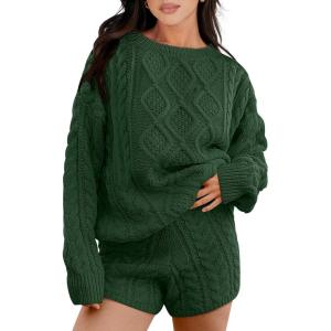 ANRABESS Women 2 Piece Outfits Sweater Lounge Loungewear Sets 2025 Winter Cable Knit Oversized Sweaters Shorts Matching Sets(Deep Green)