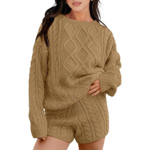 ANRABESS Women 2 Piece Outfits Sweater Lounge Loungewear Sets 2025 Winter Cable Knit Oversized Sweaters Shorts Matching Sets(Khaki)