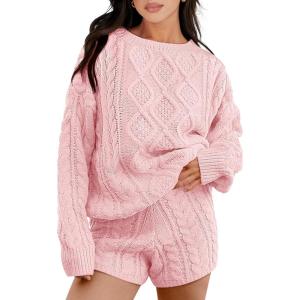ANRABESS Women 2 Piece Outfits Sweater Lounge Loungewear Sets 2025 Winter Cable Knit Oversized Sweaters Shorts Matching Sets(Pink)