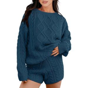 ANRABESS Women 2 Piece Outfits Sweater Lounge Loungewear Sets 2025 Winter Cable Knit Oversized Sweaters Shorts Matching Sets(Teal)