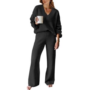 ANRABESS Women 2 Piece Outfits Sweater Lounge Sets Long Sleeve Cable Knit Pullover and Wide Leg Pants Tracksuit Matching Set(Black)