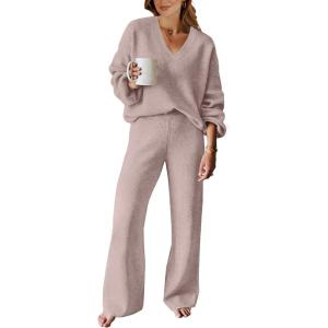 ANRABESS Women 2 Piece Outfits Sweater Lounge Sets Long Sleeve Cable Knit Pullover and Wide Leg Pants Tracksuit Matching Set(Camel)