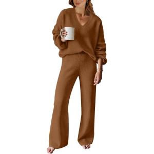 ANRABESS Women 2 Piece Outfits Sweater Lounge Sets Long Sleeve Cable Knit Pullover and Wide Leg Pants Tracksuit Matching Set(Coffee)