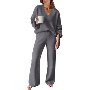 ANRABESS Women 2 Piece Outfits Sweater Lounge Sets Long Sleeve Cable Knit Pullover and Wide Leg Pants Tracksuit Matching Set(Deep Grey)