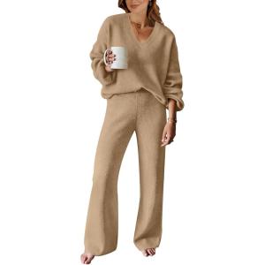 ANRABESS Women 2 Piece Outfits Sweater Lounge Sets Long Sleeve Cable Knit Pullover and Wide Leg Pants Tracksuit Matching Set(Deep Khaki)