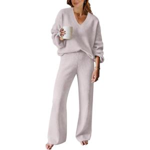 ANRABESS Women 2 Piece Outfits Sweater Lounge Sets Long Sleeve Cable Knit Pullover and Wide Leg Pants Tracksuit Matching Set(Grey)