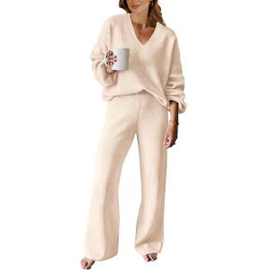 ANRABESS Women 2 Piece Outfits Sweater Lounge Sets Long Sleeve Cable Knit Pullover and Wide Leg Pants Tracksuit Matching Set(Khaki)