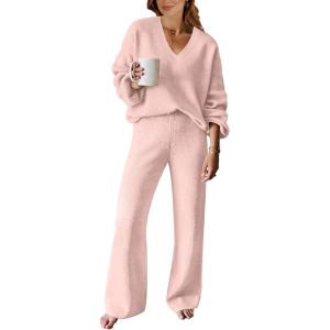 ANRABESS Women 2 Piece Outfits Sweater Lounge Sets Long Sleeve Cable Knit Pullover and Wide Leg Pants Tracksuit Matching Set(Pink)