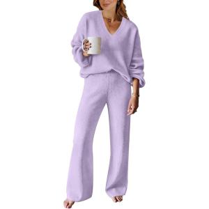 ANRABESS Women 2 Piece Outfits Sweater Lounge Sets Long Sleeve Cable Knit Pullover and Wide Leg Pants Tracksuit Matching Set(Purple)
