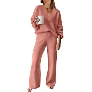 ANRABESS Women 2 Piece Outfits Sweater Lounge Sets Long Sleeve Cable Knit Pullover and Wide Leg Pants Tracksuit Matching Set(Rust)