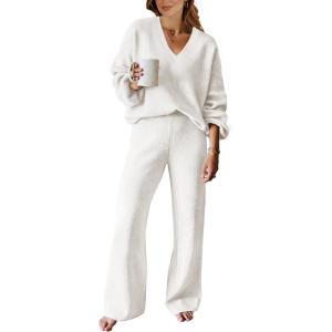 ANRABESS Women 2 Piece Outfits Sweater Lounge Sets Long Sleeve Cable Knit Pullover and Wide Leg Pants Tracksuit Matching Set(White)