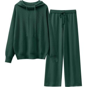 ANRABESS Women 2 Piece Outfits Sweater Sets Loose Long Sleeve Hoodies Knit Pullover Wide Leg Pants 2025 Fall Lounge Sweatsuit(Deep Green)