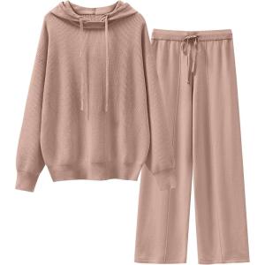 ANRABESS Women 2 Piece Outfits Sweater Sets Loose Long Sleeve Hoodies Knit Pullover Wide Leg Pants 2025 Fall Lounge Sweatsuit(Light Camel)