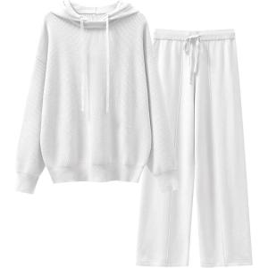 ANRABESS Women 2 Piece Outfits Sweater Sets Loose Long Sleeve Hoodies Knit Pullover Wide Leg Pants 2025 Fall Lounge Sweatsuit(White)