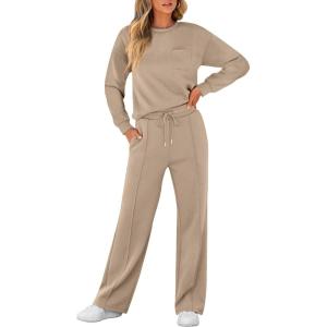 ANRABESS Women 2 Piece Set Long Sleeve Sweatsuit Sweatpants Tracksuit Sweat Casual Matching 2025 Travel Fall Trendy Outfits(Khaki)