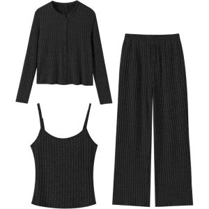ANRABESS Women 3 Piece Lounge Pajama Sets Knit Crop Cardigan Cami Top Wide Leg Pants 2025 Fall Outfits Comfy Matching Clothes(Black)