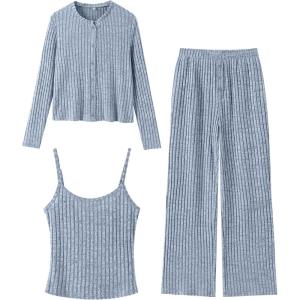 ANRABESS Women 3 Piece Lounge Pajama Sets Knit Crop Cardigan Cami Top Wide Leg Pants 2025 Fall Outfits Comfy Matching Clothes(Blue)