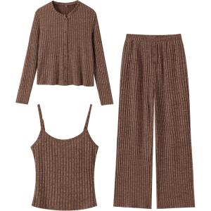 ANRABESS Women 3 Piece Lounge Pajama Sets Knit Crop Cardigan Cami Top Wide Leg Pants 2025 Fall Outfits Comfy Matching Clothes(Brown)