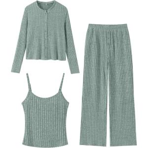 ANRABESS Women 3 Piece Lounge Pajama Sets Knit Crop Cardigan Cami Top Wide Leg Pants 2025 Fall Outfits Comfy Matching Clothes(Green)