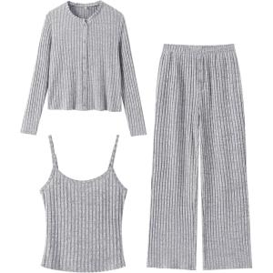 ANRABESS Women 3 Piece Lounge Pajama Sets Knit Crop Cardigan Cami Top Wide Leg Pants 2025 Fall Outfits Comfy Matching Clothes(Grey)