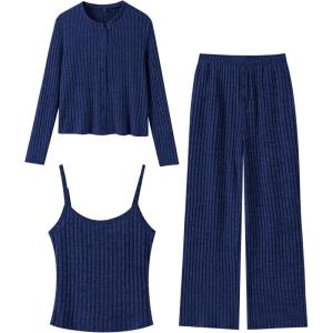 ANRABESS Women 3 Piece Lounge Pajama Sets Knit Crop Cardigan Cami Top Wide Leg Pants 2025 Fall Outfits Comfy Matching Clothes(Navy Blue)