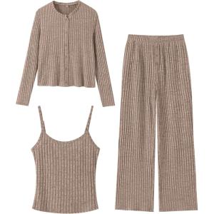 ANRABESS Women 3 Piece Lounge Pajama Sets Knit Crop Cardigan Cami Top Wide Leg Pants 2025 Fall Outfits Comfy Matching Clothes(Tan)