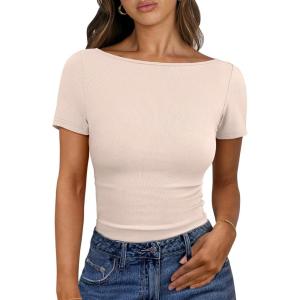 ANRABESS Women Boat Neck Tops Short Sleeve T-Shirts Ribbed Knit Tight Fitted Basic Tees Shirts 2025 Summer Clothes(Beige)