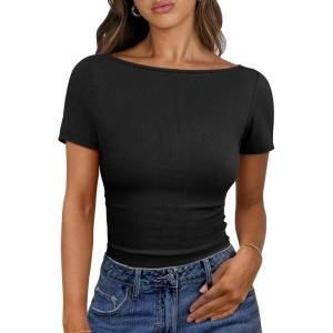 ANRABESS Women Boat Neck Tops Short Sleeve T-Shirts Ribbed Knit Tight Fitted Basic Tees Shirts 2025 Summer Clothes(Black)