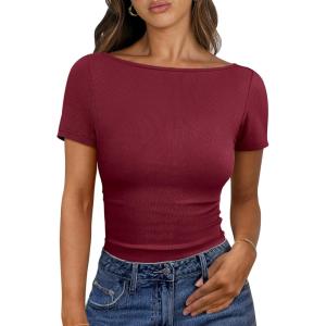 ANRABESS Women Boat Neck Tops Short Sleeve T-Shirts Ribbed Knit Tight Fitted Basic Tees Shirts 2025 Summer Clothes(Burgundy)