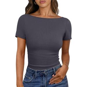 ANRABESS Women Boat Neck Tops Short Sleeve T-Shirts Ribbed Knit Tight Fitted Basic Tees Shirts 2025 Summer Clothes(Deep Grey)