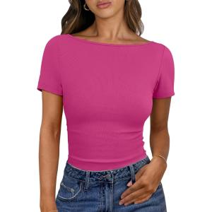 ANRABESS Women Boat Neck Tops Short Sleeve T-Shirts Ribbed Knit Tight Fitted Basic Tees Shirts 2025 Summer Clothes(Hot Pink)