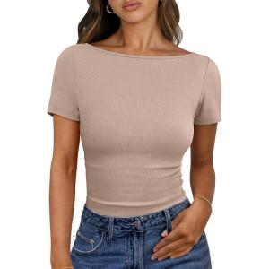ANRABESS Women Boat Neck Tops Short Sleeve T-Shirts Ribbed Knit Tight Fitted Basic Tees Shirts 2025 Summer Clothes(Khaki)