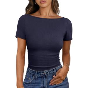 ANRABESS Women Boat Neck Tops Short Sleeve T-Shirts Ribbed Knit Tight Fitted Basic Tees Shirts 2025 Summer Clothes(Navy Blue)