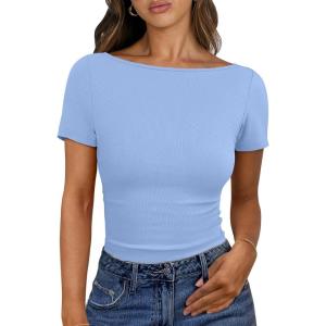 ANRABESS Women Boat Neck Tops Short Sleeve T-Shirts Ribbed Knit Tight Fitted Basic Tees Shirts 2025 Summer Clothes(Sky Blue)