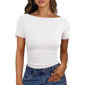 ANRABESS Women Boat Neck Tops Short Sleeve T-Shirts Ribbed Knit Tight Fitted Basic Tees Shirts 2025 Summer Clothes(White)