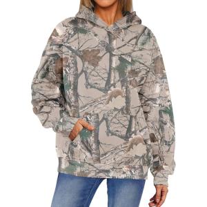 ANRABESS Women Camo Hoodies Long Sleeve Maple Leaf Print Fleece Oversized Casual Pullover Sweatshirt 2025 Fall Preppy Clothes(Almond)