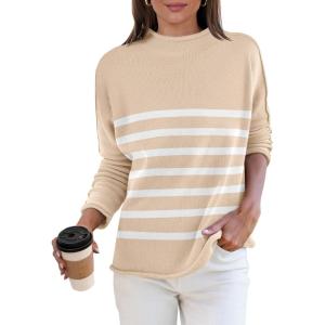 ANRABESS Women Casual Long Sleeve Mock Funnel Neck Knit Pullover Sweater Top 2025 Fall Fashion Outfits with Exposed Seam(Almond White Stripes)