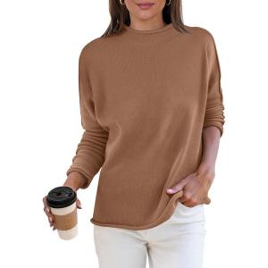 ANRABESS Women Casual Long Sleeve Mock Funnel Neck Knit Pullover Sweater Top 2025 Fall Fashion Outfits with Exposed Seam(Deep Apricot)