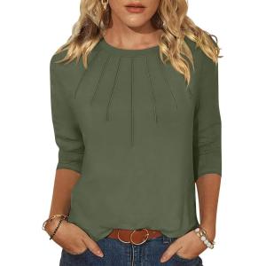 ANRABESS Women Dressy Casual Blouse 3/4 Long Sleeve T Shirts Pleated Round Neck Business Work Tunic Tops 2025 Fall Outfits(Army Green)