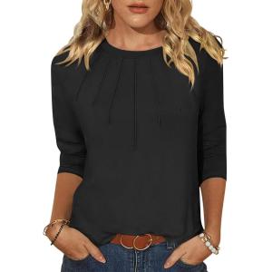 ANRABESS Women Dressy Casual Blouse 3/4 Long Sleeve T Shirts Pleated Round Neck Business Work Tunic Tops 2025 Fall Outfits(Black)