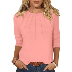 ANRABESS Women Dressy Casual Blouse 3/4 Long Sleeve T Shirts Pleated Round Neck Business Work Tunic Tops 2025 Fall Outfits(Coral)
