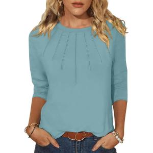 ANRABESS Women Dressy Casual Blouse 3/4 Long Sleeve T Shirts Pleated Round Neck Business Work Tunic Tops 2025 Fall Outfits(Gray Green)