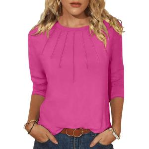 ANRABESS Women Dressy Casual Blouse 3/4 Long Sleeve T Shirts Pleated Round Neck Business Work Tunic Tops 2025 Fall Outfits(Hot Pink)