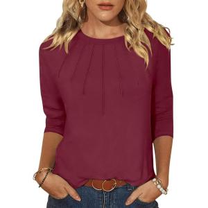 ANRABESS Women Dressy Casual Blouse 3/4 Long Sleeve T Shirts Pleated Round Neck Business Work Tunic Tops 2025 Fall Outfits(Wine Red)