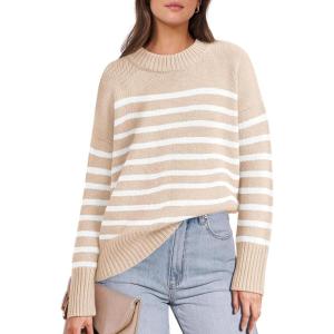 ANRABESS Women Fall Fashion Sweaters Striped Long Sleeve Crewneck Loose Fit Cozy Knit Trendy Pullover Sweater Tops Beige White Stripe Small