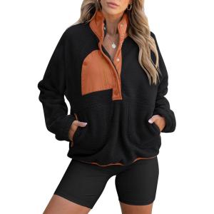 ANRABESS Women Fuzzy Fleece Pullover Sherpa Sweatshirt Long Sleeve Button Down Warm Soft Color Block Jackets with Pockets(Black)