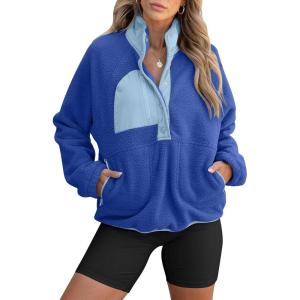 ANRABESS Women Fuzzy Fleece Pullover Sherpa Sweatshirt Long Sleeve Button Down Warm Soft Color Block Jackets with Pockets(Blue Mixed)